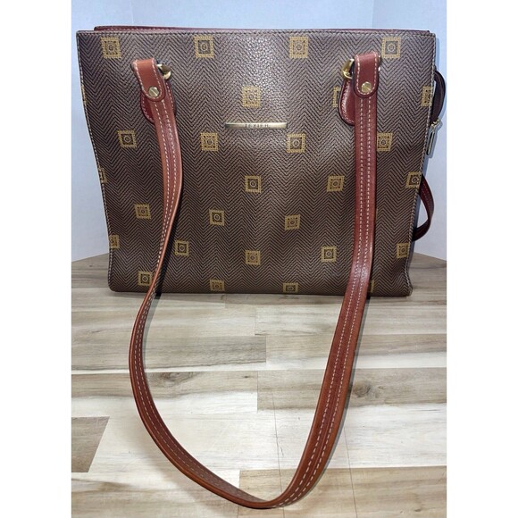 Vintage Texier Purse Large Leather & Coated Canvas Brass Hardware Made In France - Picture 1 of 16